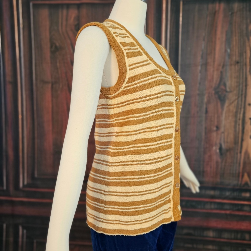 Vintage 70s Talbott Striped Knit Sweater Vest Tan Cream Button Front Sleeveless